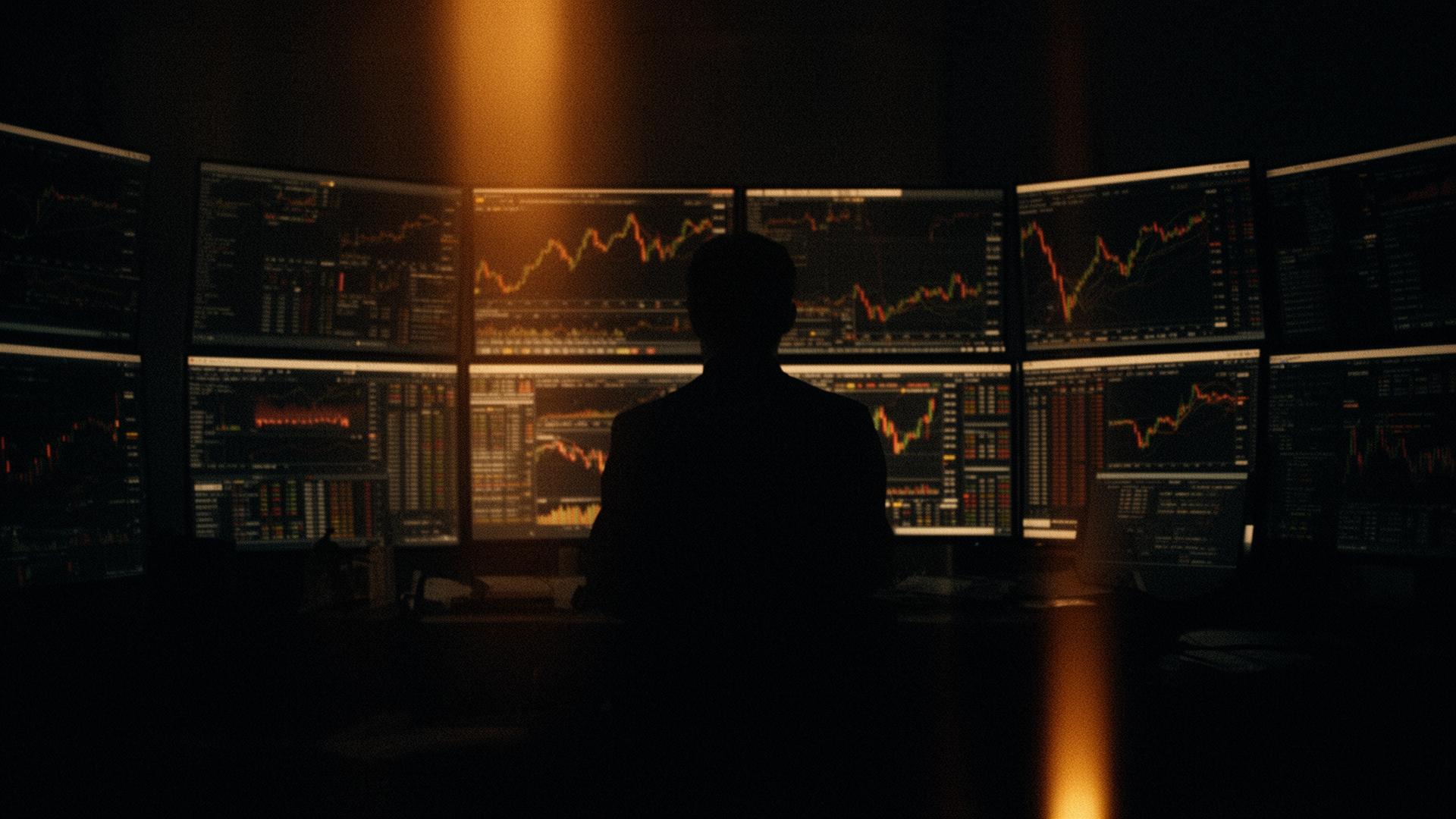 Trader silhouette in front of glowing financial charts